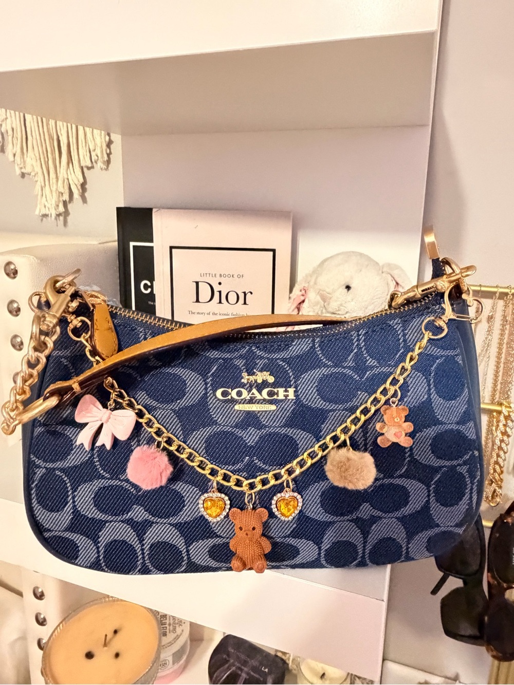 Coach Navy Signature Monogram Shoulder Bag with Charm Chain